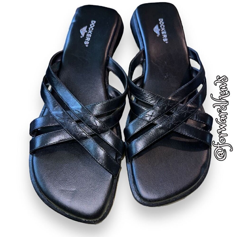 Dockers Black Leather Strappy Heeled Sandals Size 7